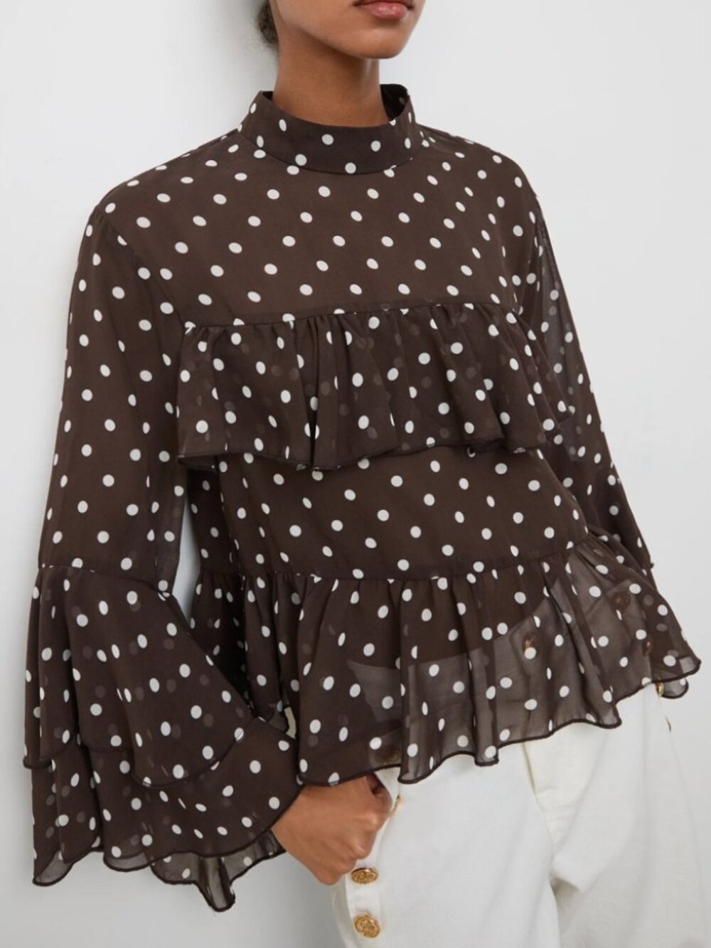Brown Polka Dot Ruffle Blouse with Bell Sleeves